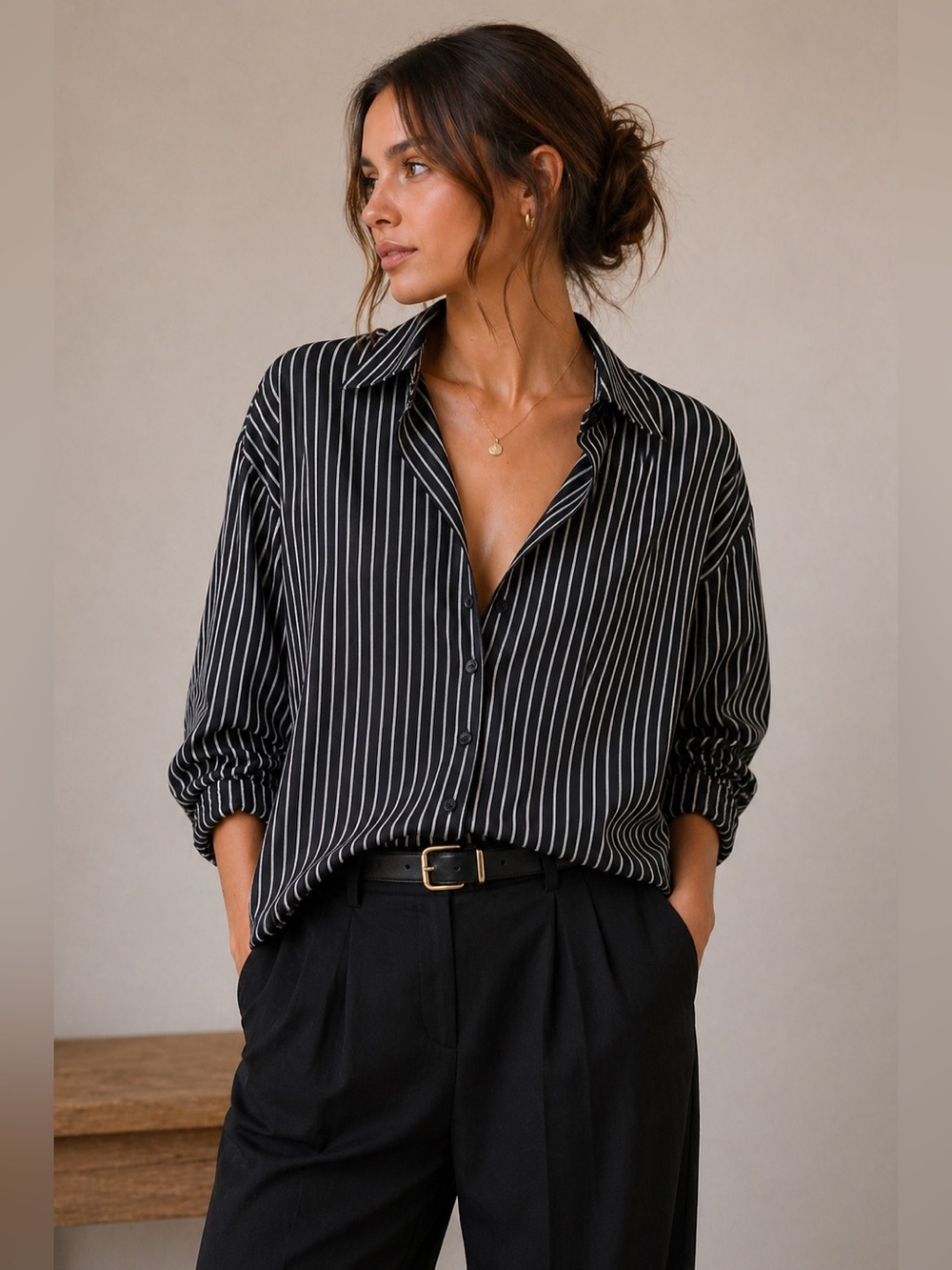 InWear | KirinIW Shirt | Black Pinstripe Cotton Blend | EU 42 (US 14)